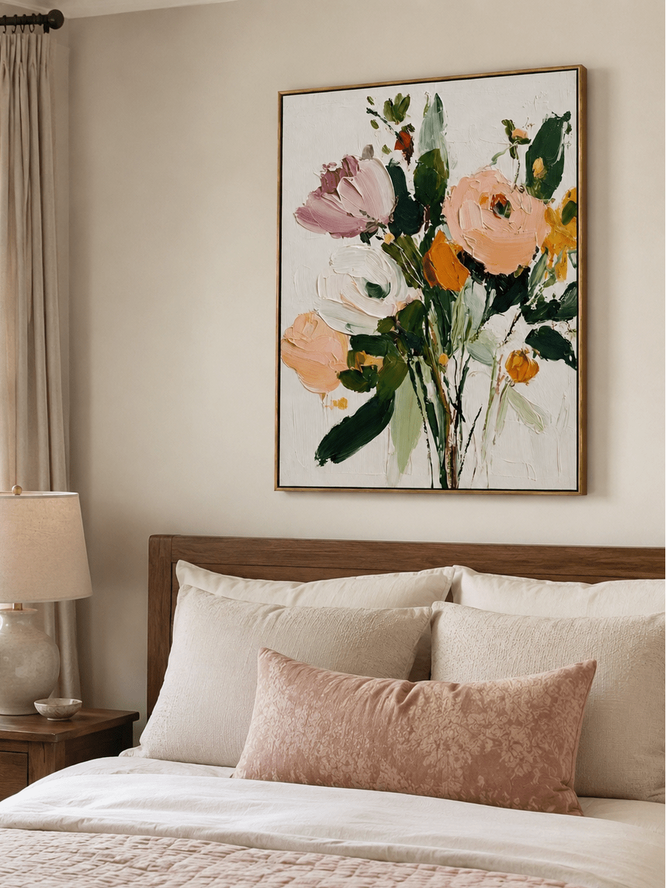 Blush and peach textured floral wall art displayed above the bed in a calm modern bedroom