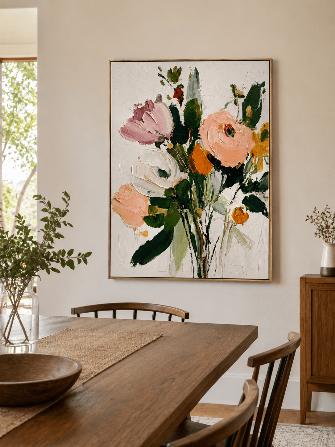 Hand-painted floral bouquet wall art displayed in a bright modern open-plan dining room