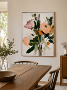 Hand-painted floral bouquet wall art displayed in a bright modern open-plan dining room