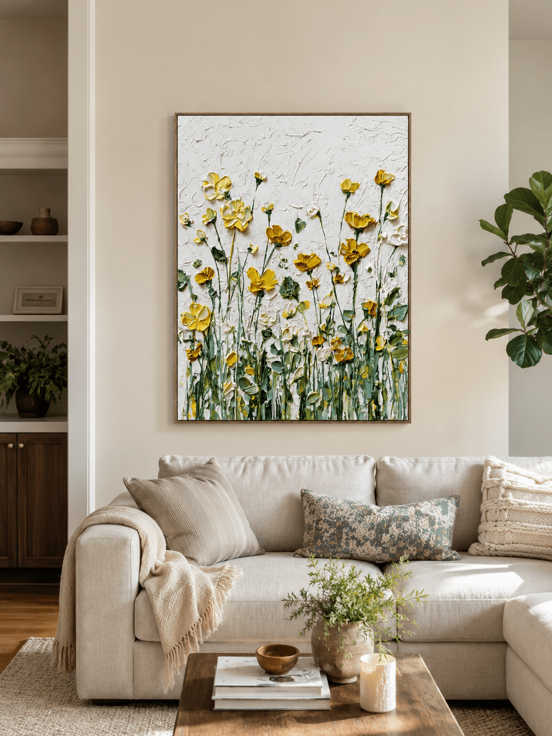 Yellow wildflower wall art displayed above a neutral sofa in an organic modern living room