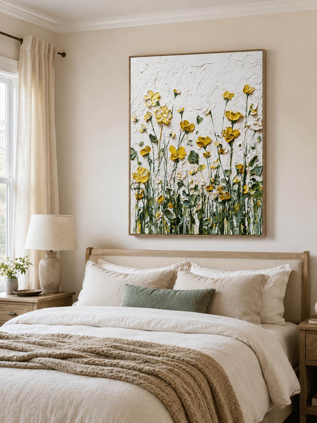 Textured yellow floral painting displayed above the bed in a bright neutral bedroom