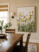 Hand-painted wildflower meadow wall art displayed in a modern open-plan dining room