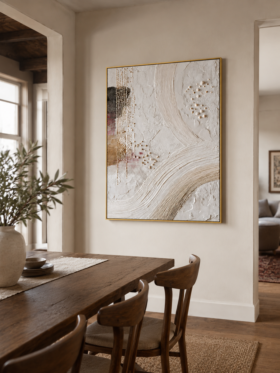Hand-painted flowing line wall art displayed in a modern open-plan dining room