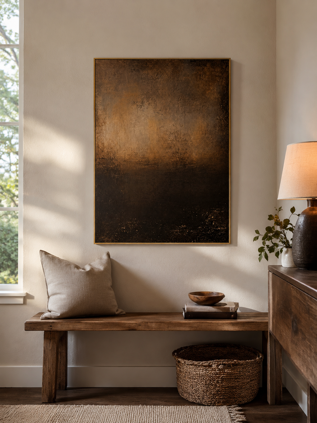 Vertical black and bronze abstract wall art displayed above a console table in a modern entryway