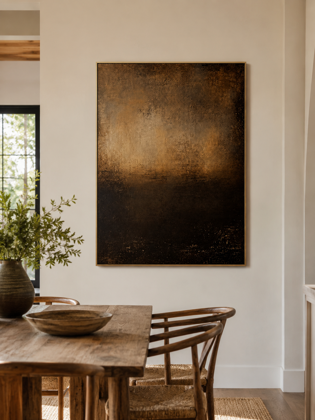 Hand-painted bronze-toned abstract wall art displayed in a modern open-plan dining room