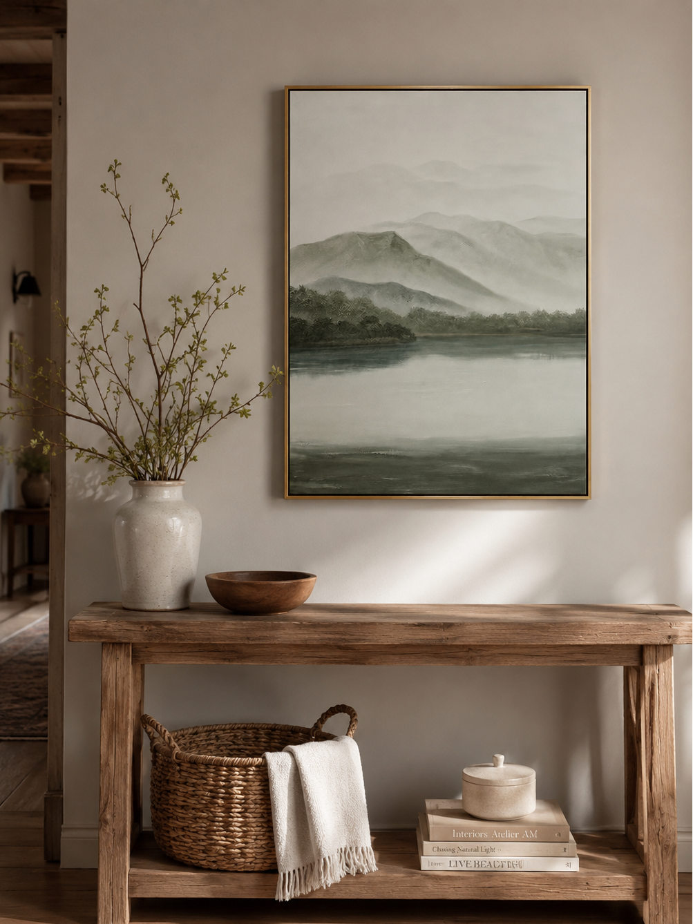 Hand painted lake landscape canvas with soft grey green mountain view