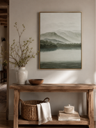 Hand painted lake landscape canvas with soft grey green mountain view