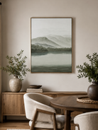 Modern nature wall art with misty mountains and calming green tones