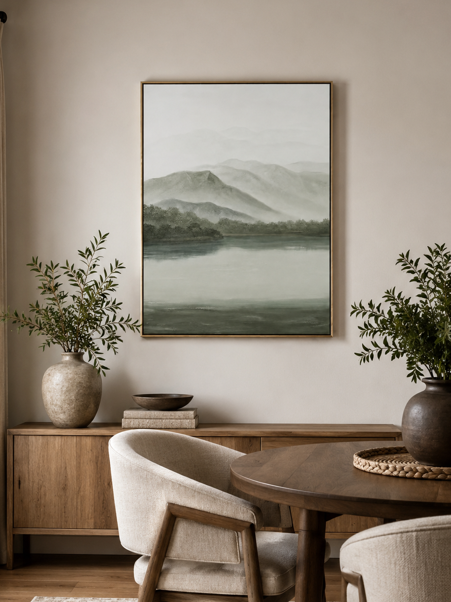 Modern nature wall art with misty mountains and calming green tones