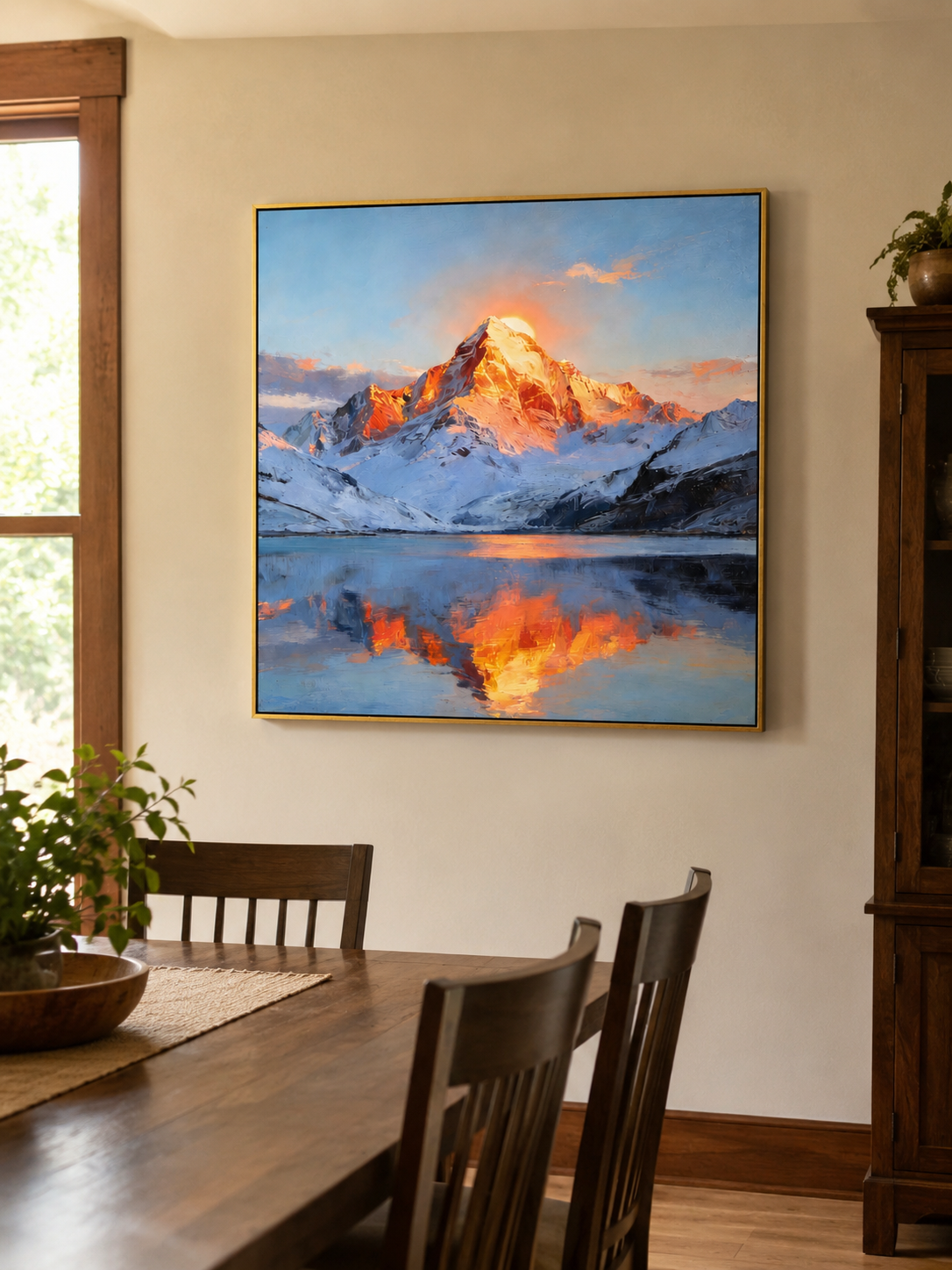 Impasto mountain lake reflection painting displayed in a warm open-plan dining room