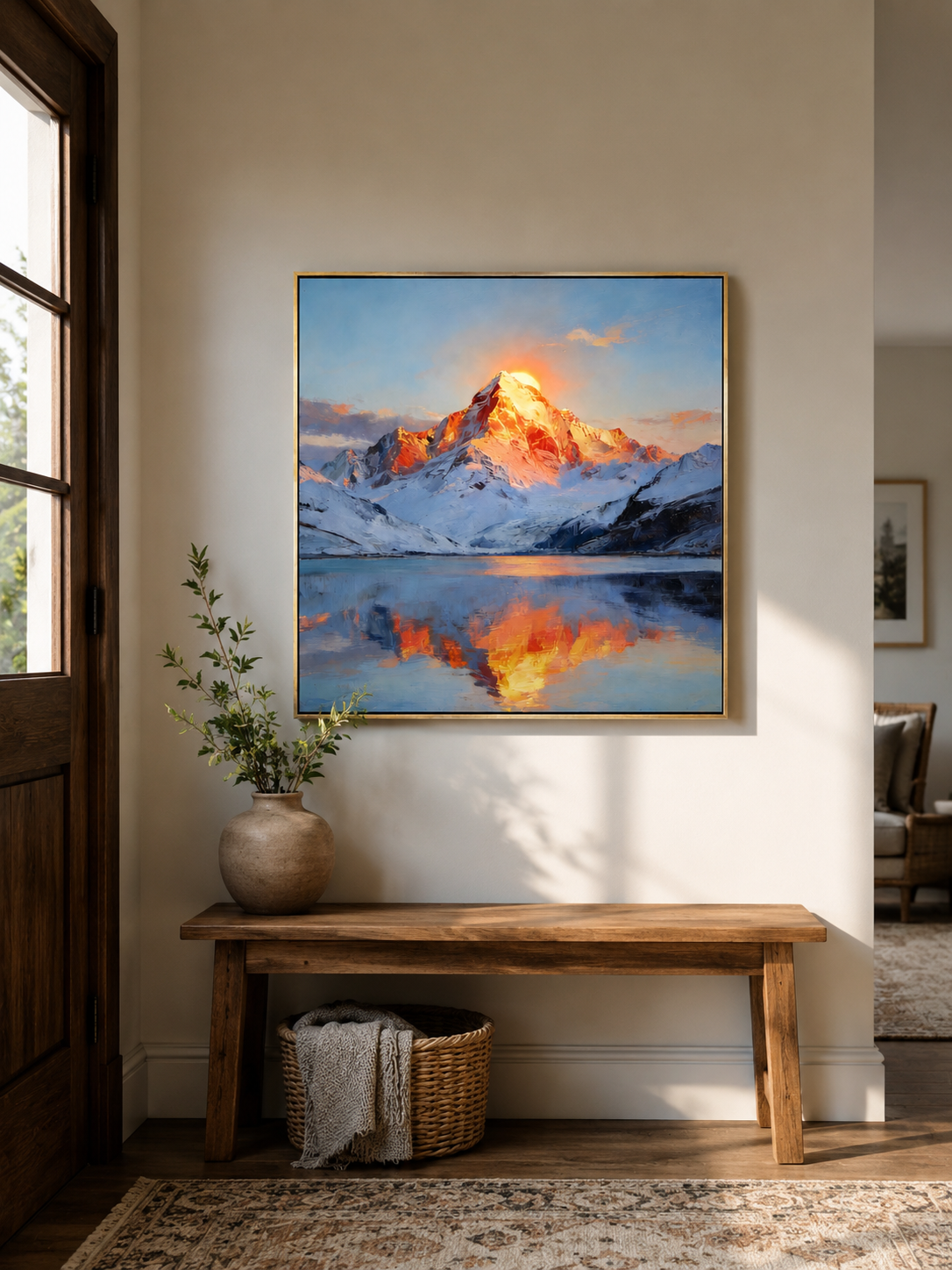 Alpine sunrise wall art above an entryway console in a contemporary nature-inspired foyer