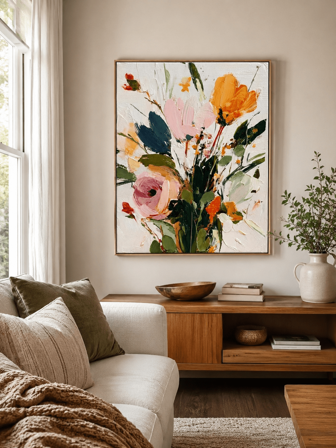 Colorful impasto floral painting above a neutral sofa in a contemporary living room