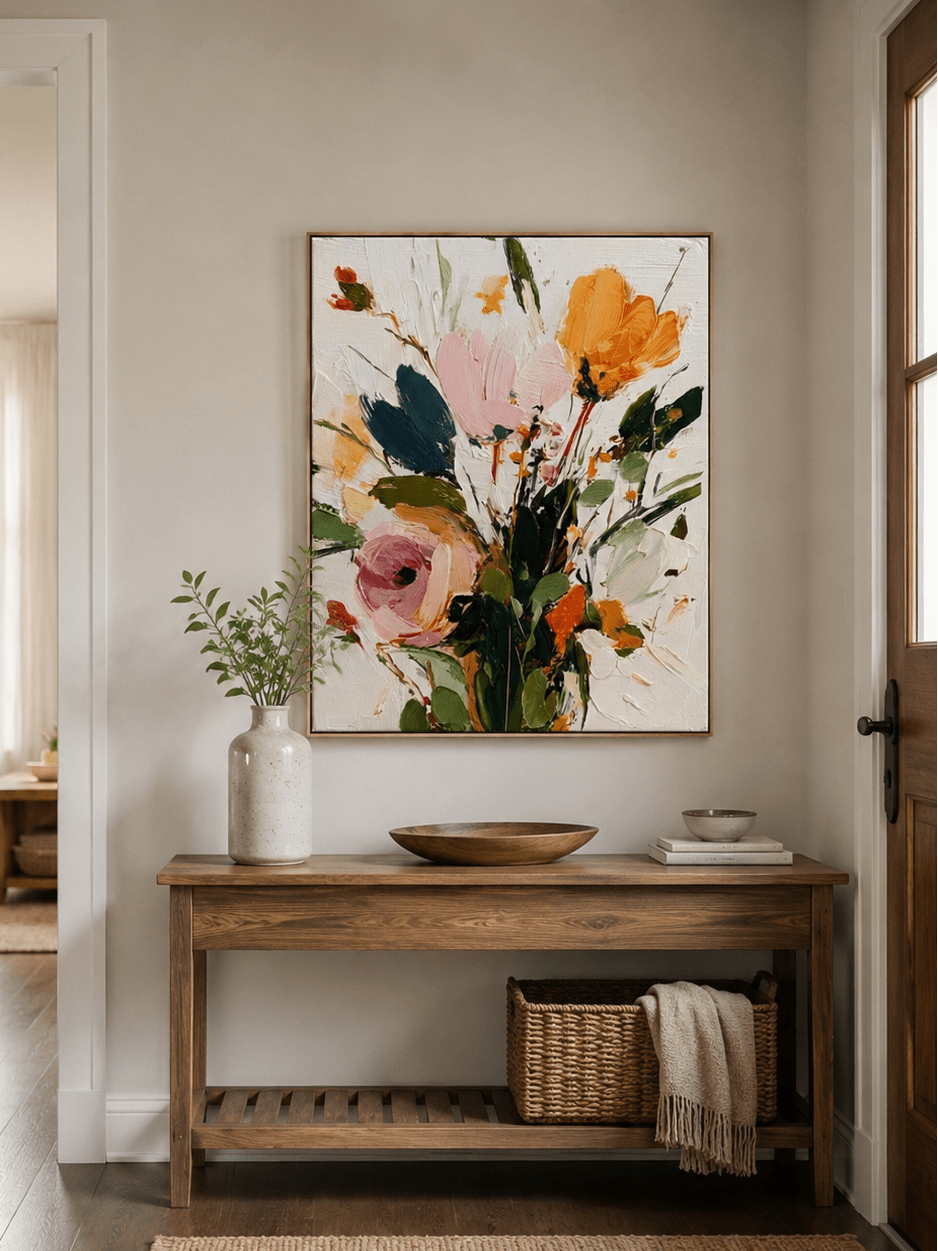 Abstract botanical wall art above an entryway console in an organic modern foyer
