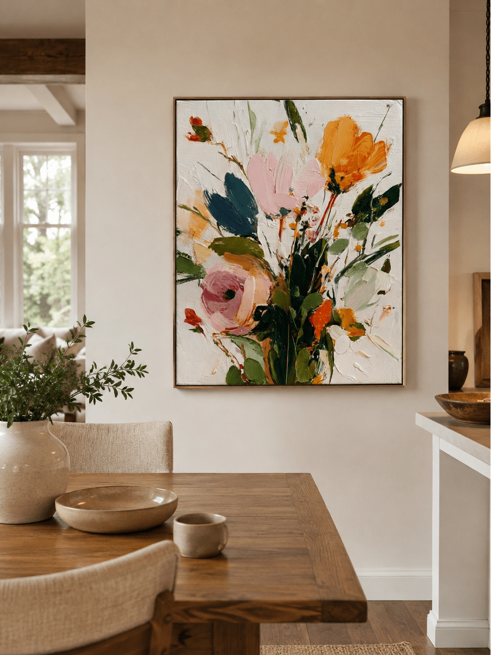 Modern textured floral painting displayed in a warm open-plan dining room