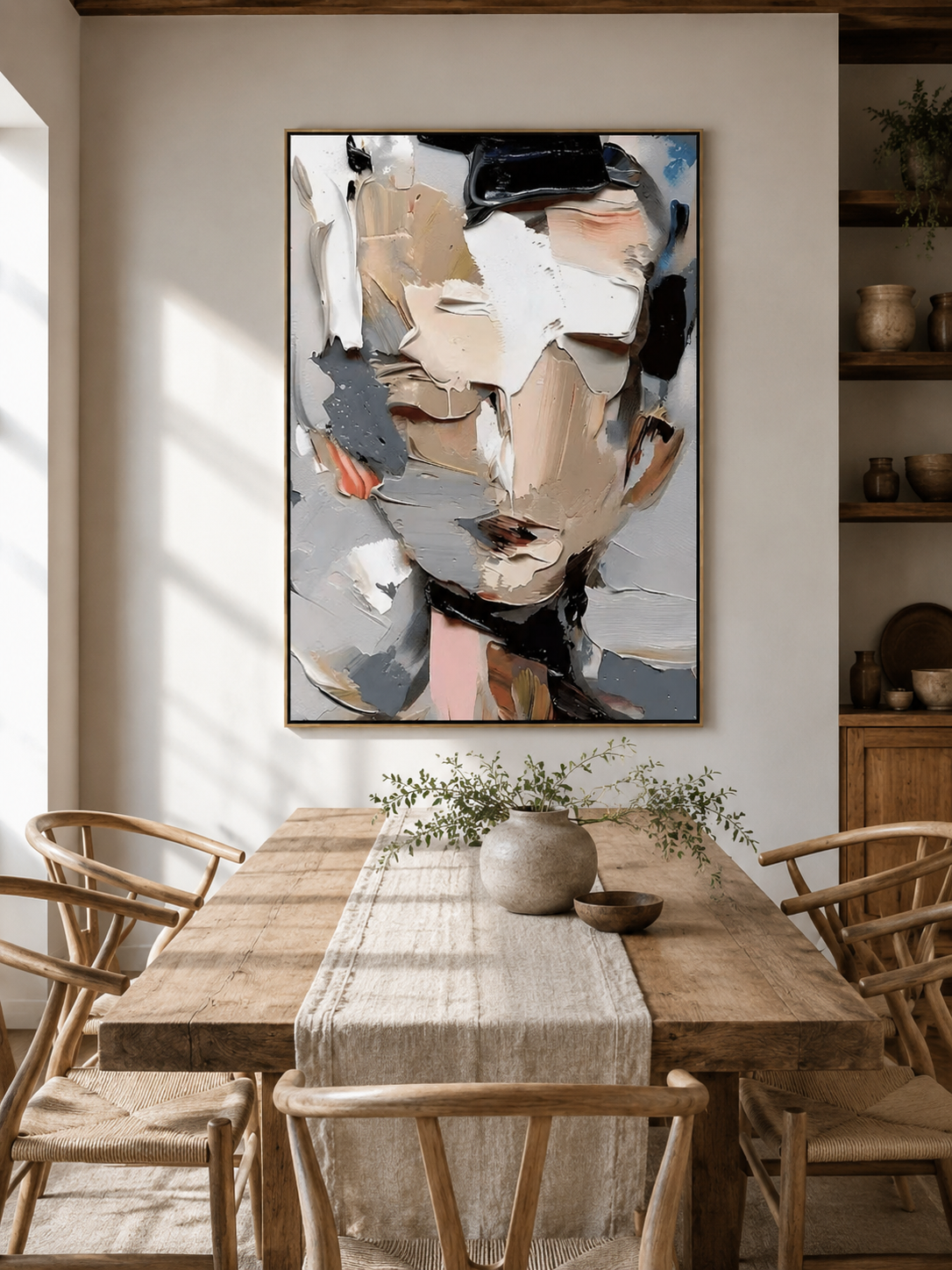 Neutral abstract portrait painting displayed in a modern open-plan dining room