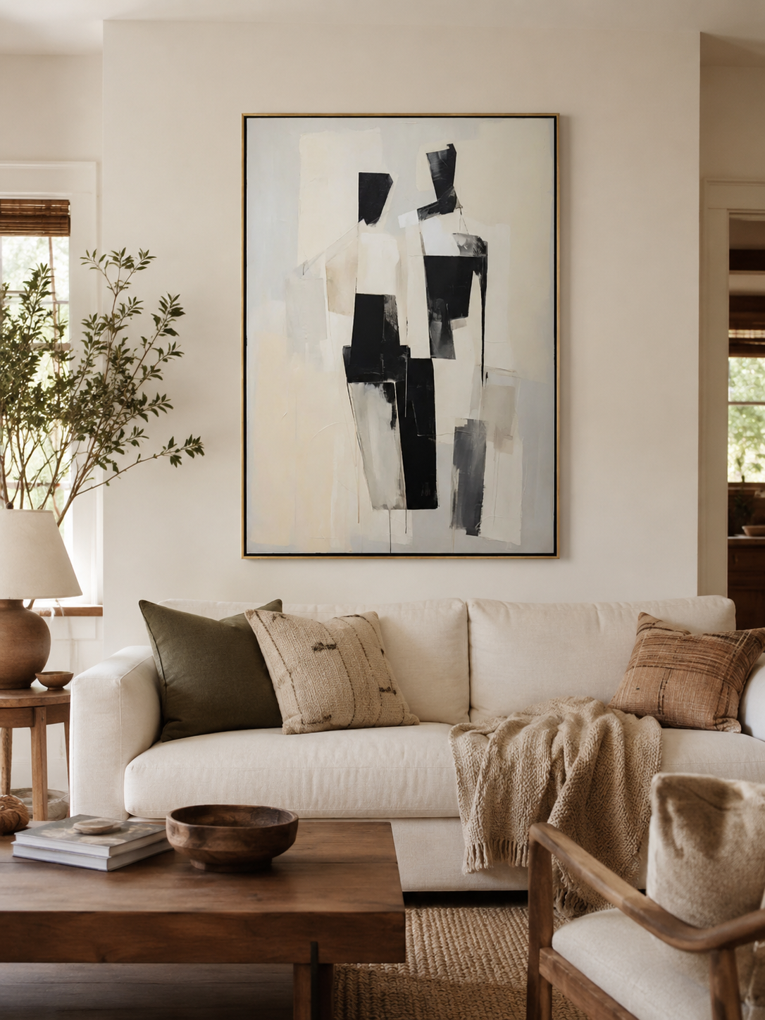 Black and beige abstract figures painting above a neutral sofa in a minimalist living room