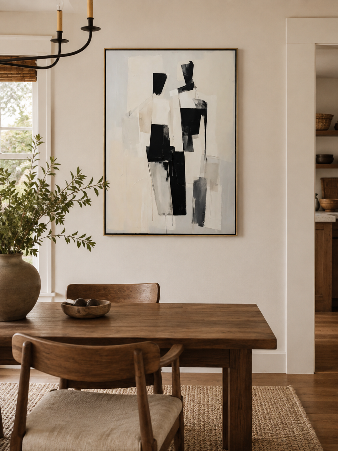 Minimalist abstract figures painting displayed in a modern open-plan dining room