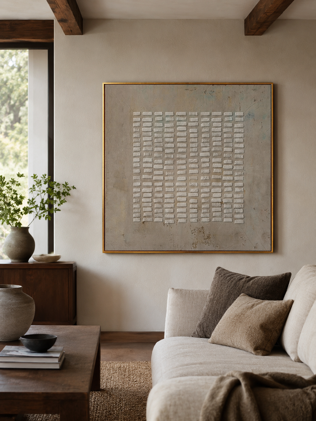 Neutral geometric grid wall art above a cream sofa in a wabi-sabi living room