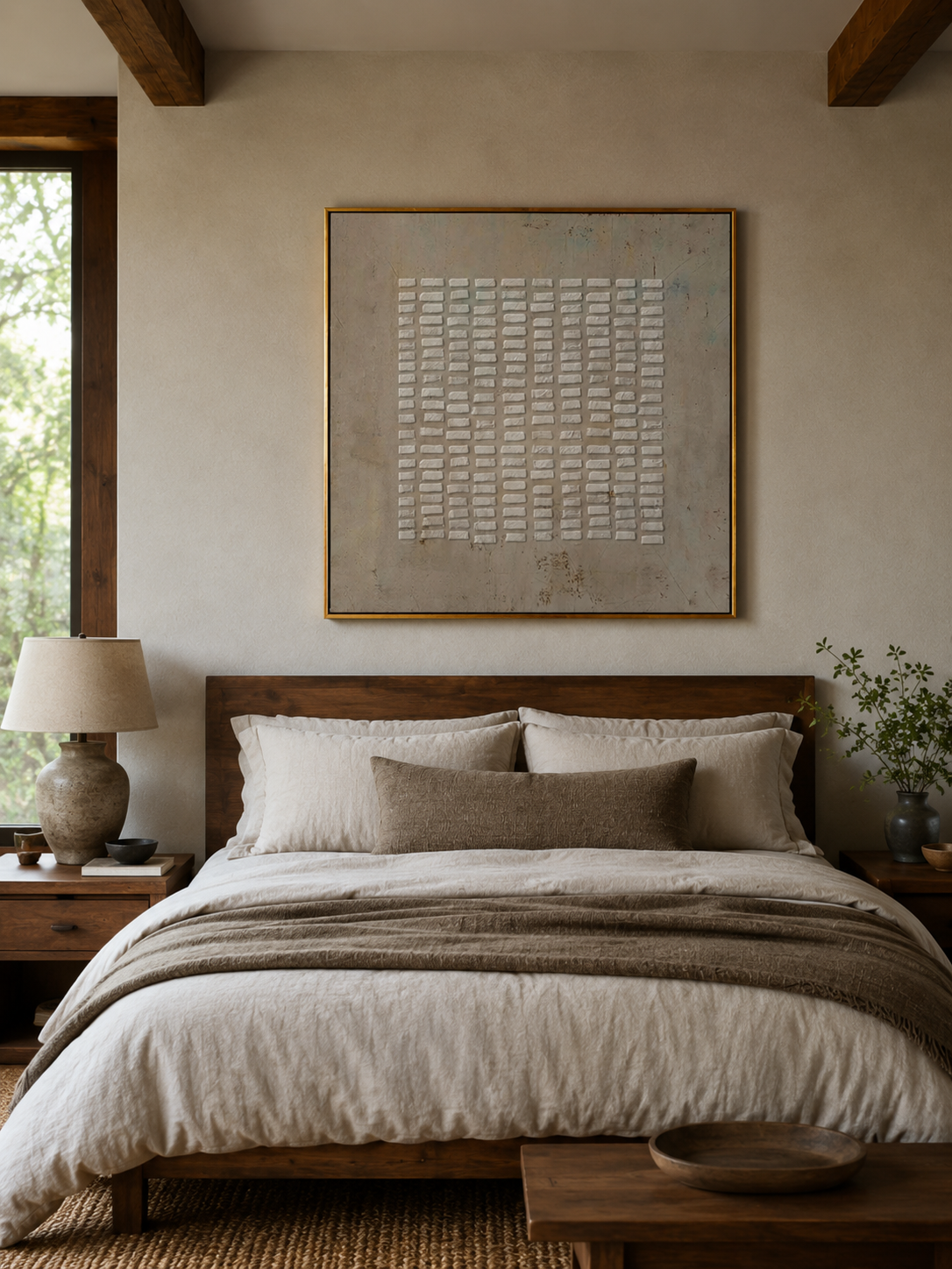 Textured minimalist wall art displayed above a bed in a warm neutral bedroom