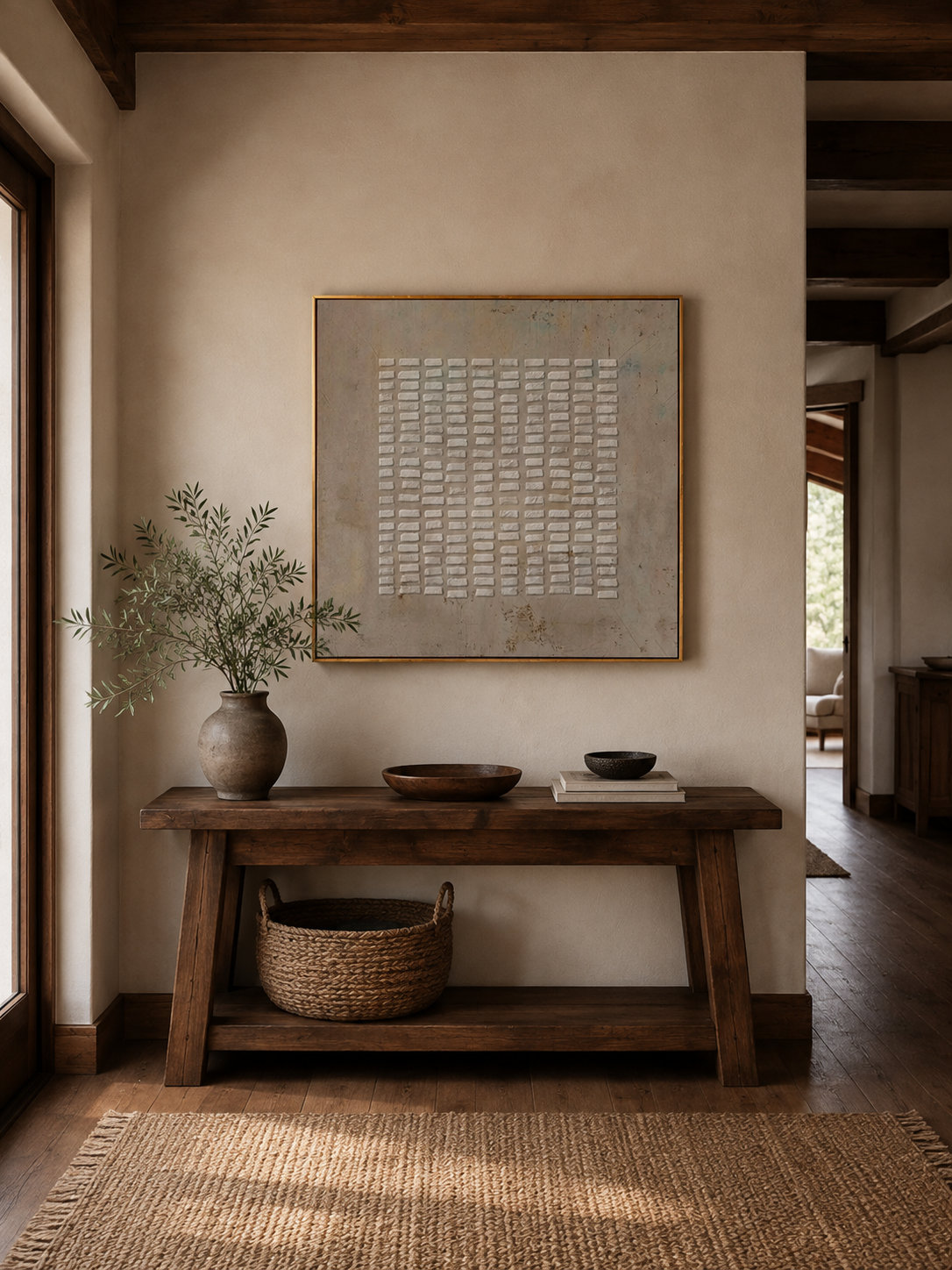 Neutral textured grid wall art above an entryway console in a minimalist Japandi foyer