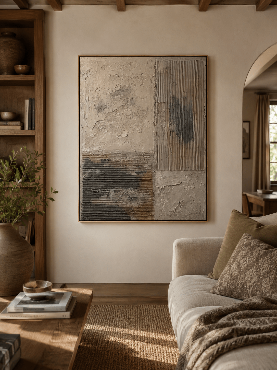 Neutral textured abstract painting above a cream sofa in an organic modern living room
