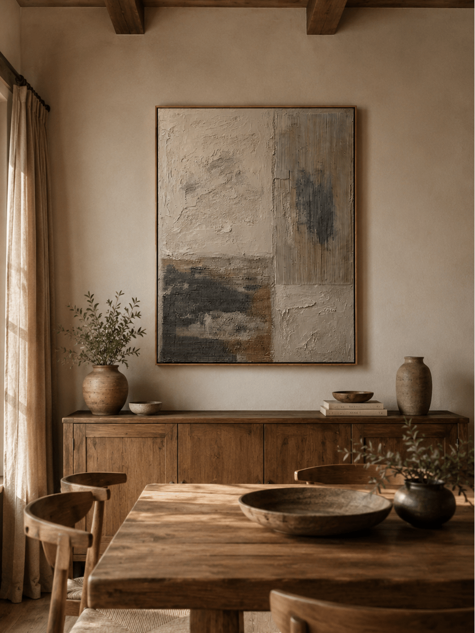 Textured geometric abstract painting displayed in a warm open-plan dining room