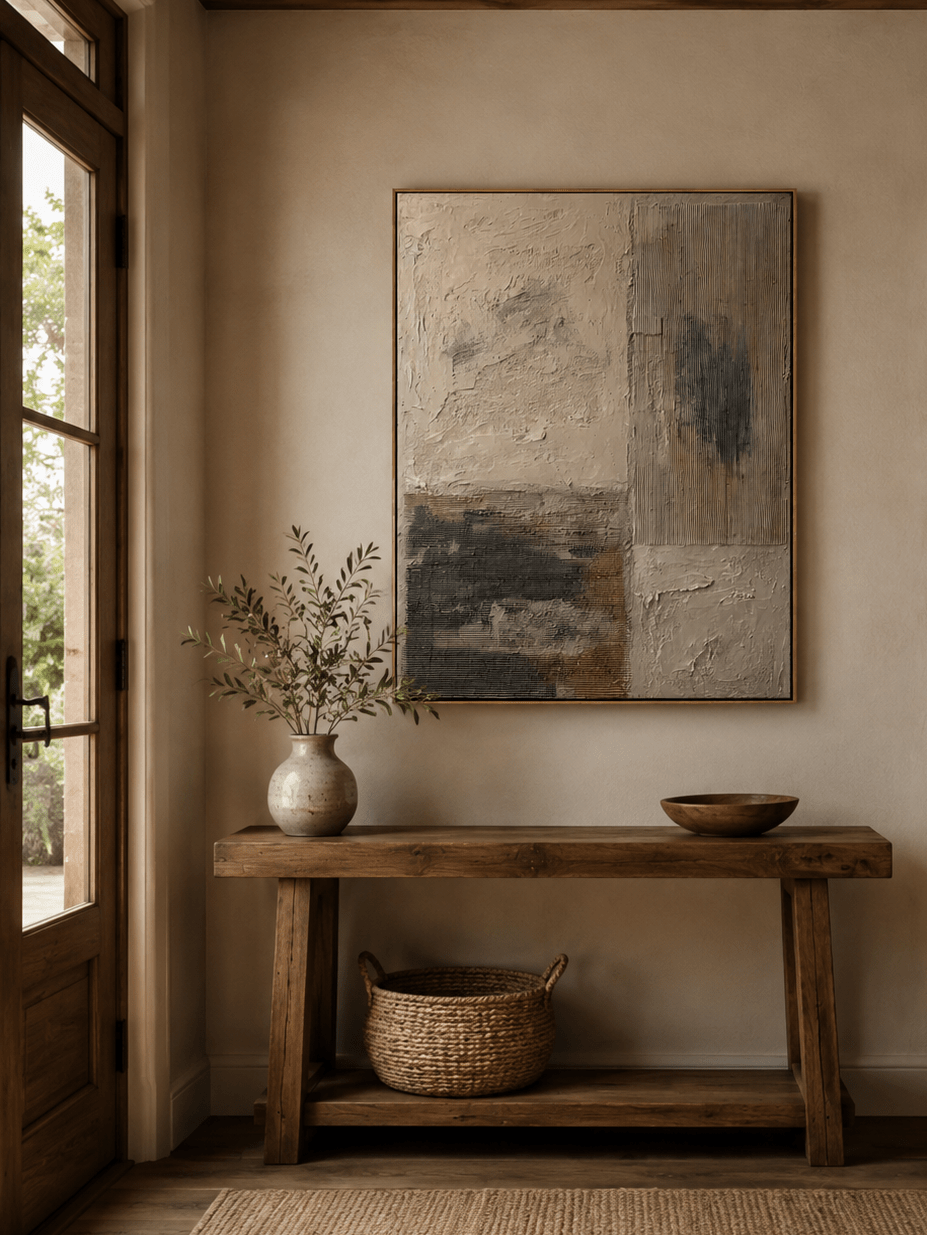 Neutral architectural wall art above an entryway console in a minimalist Japandi foyer