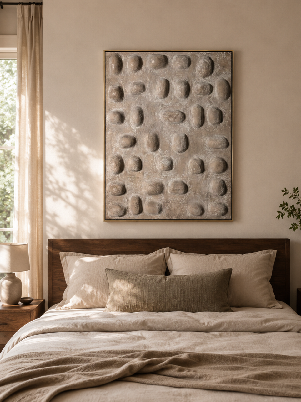 Wabi-sabi textured pebble artwork displayed above a bed in a warm neutral bedroom