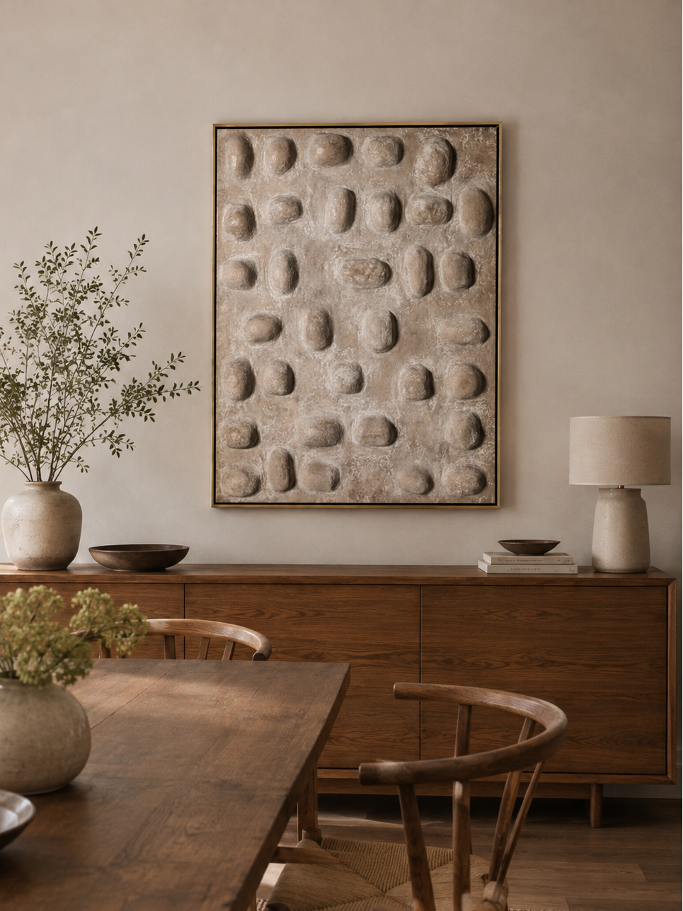 Sculptural neutral wall art displayed in an organic modern open-plan dining room