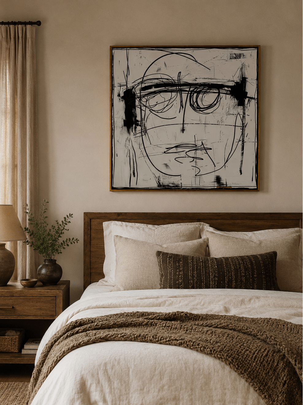 Expressionist face wall art displayed above a bed in a modern monochrome bedroom