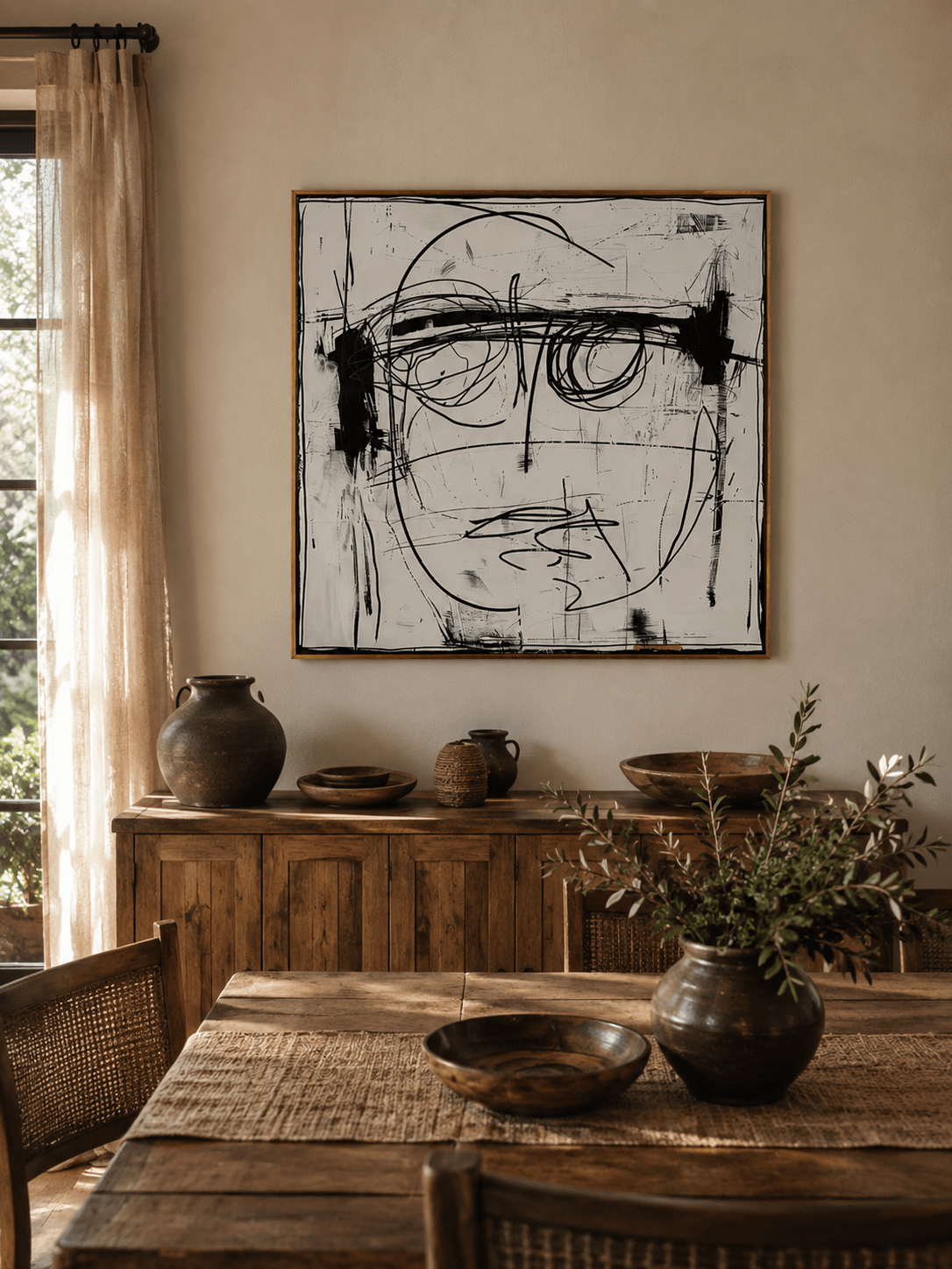 Abstract line portrait painting displayed in a contemporary open-plan dining room