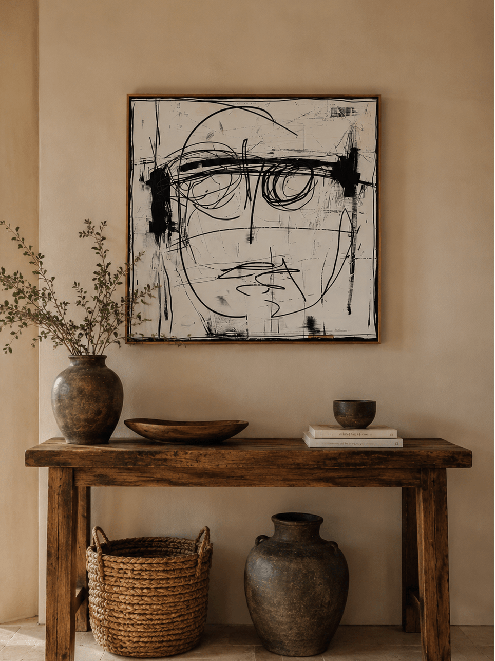 Black and white expressionist face wall art above a console in a modern entryway