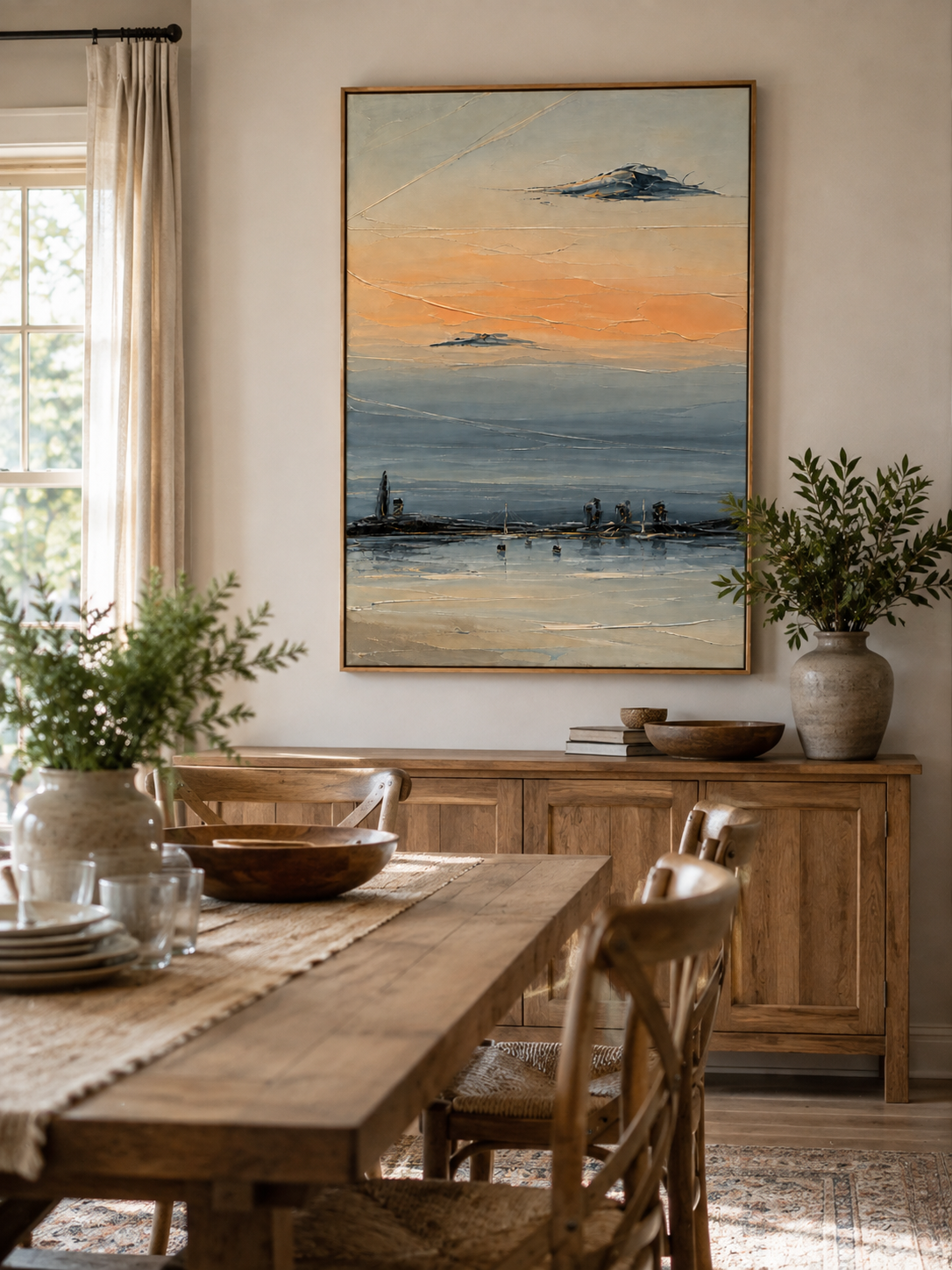 Hand-painted textured harbor sunset wall art displayed in a modern open-plan dining room with natural decor