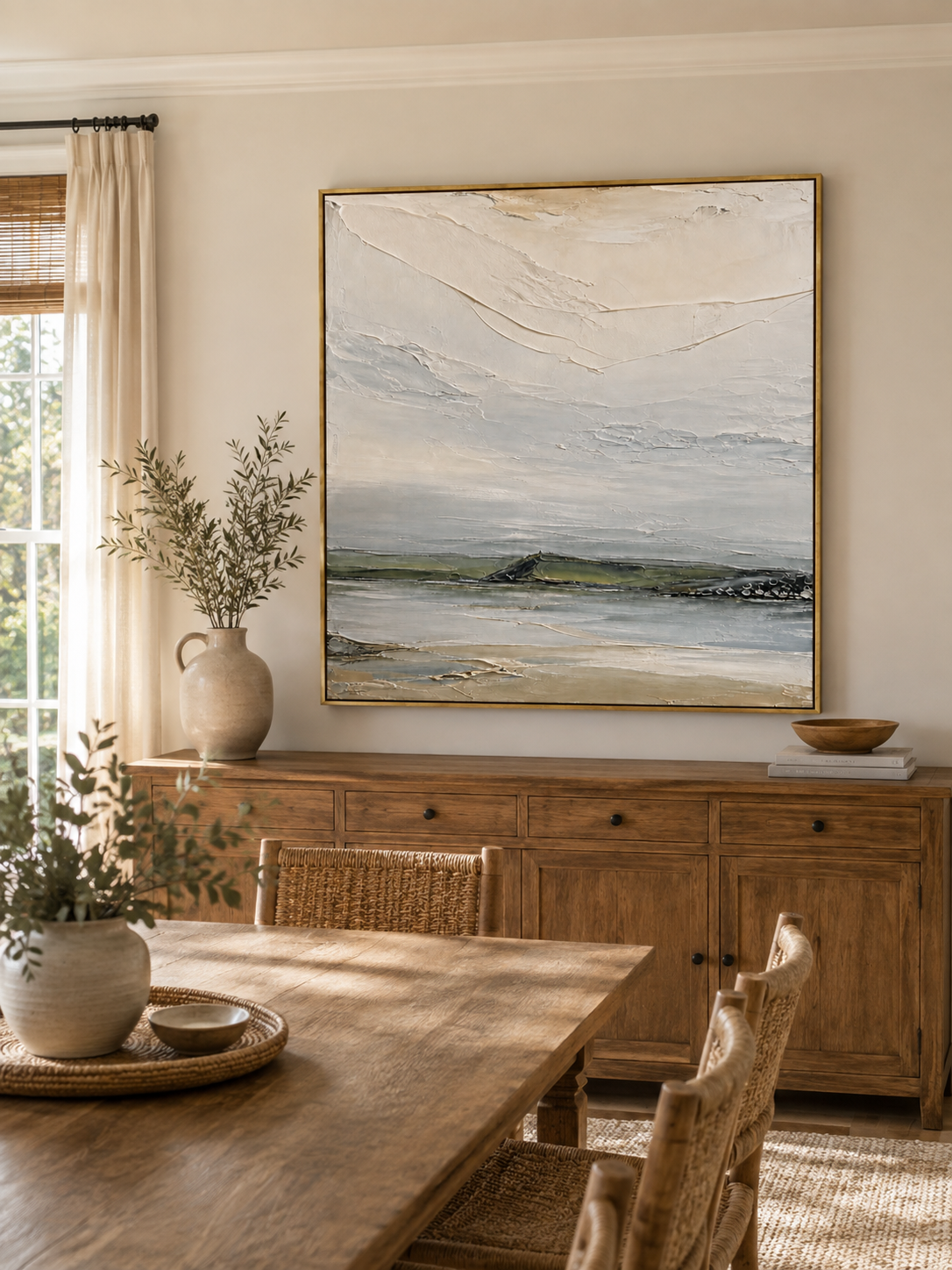 Hand-painted textured coastal landscape wall art displayed in a modern open-plan dining room with natural wood decor