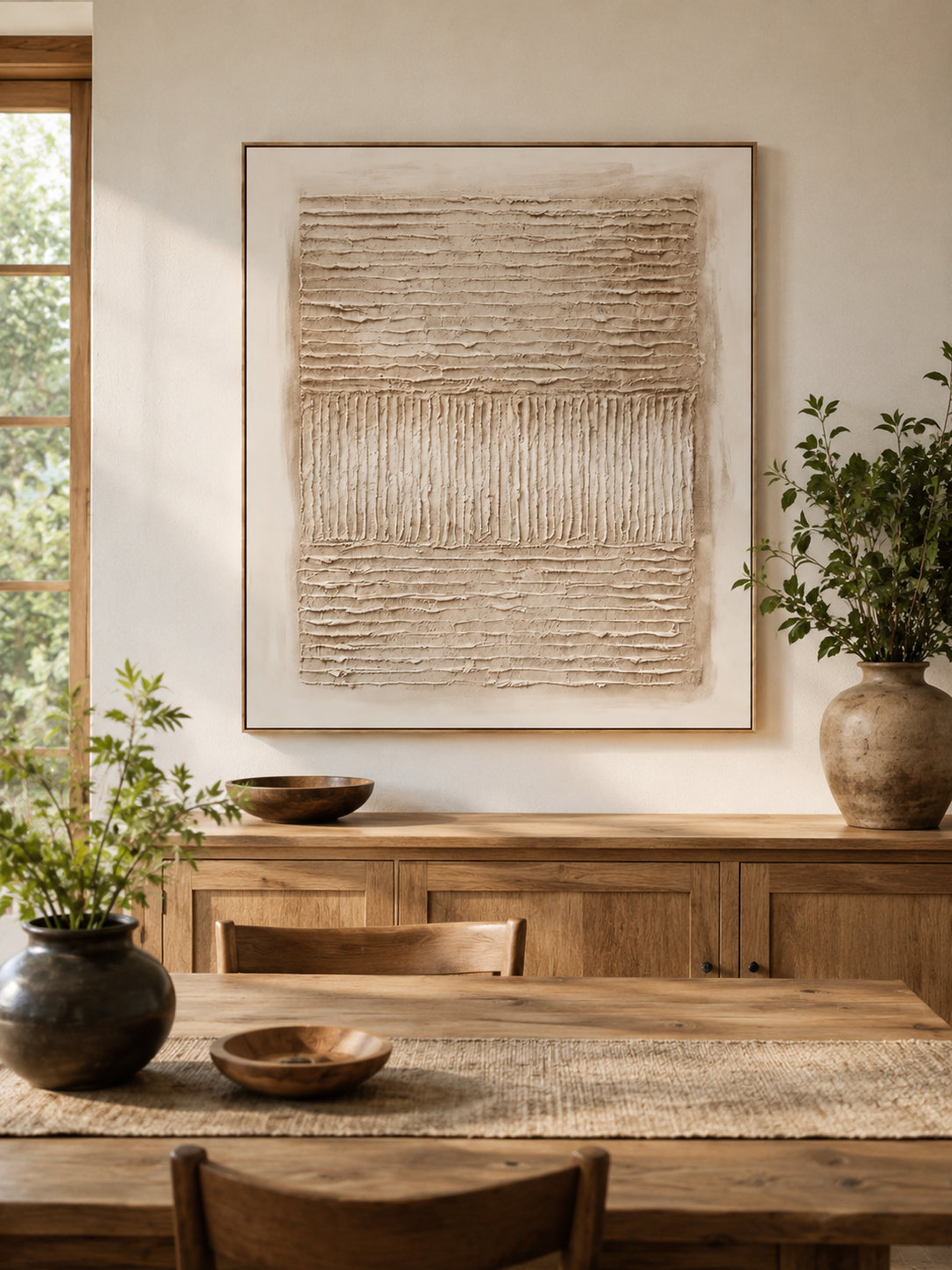 Hand-painted neutral textured wall art displayed in a modern dining room with natural wood decor