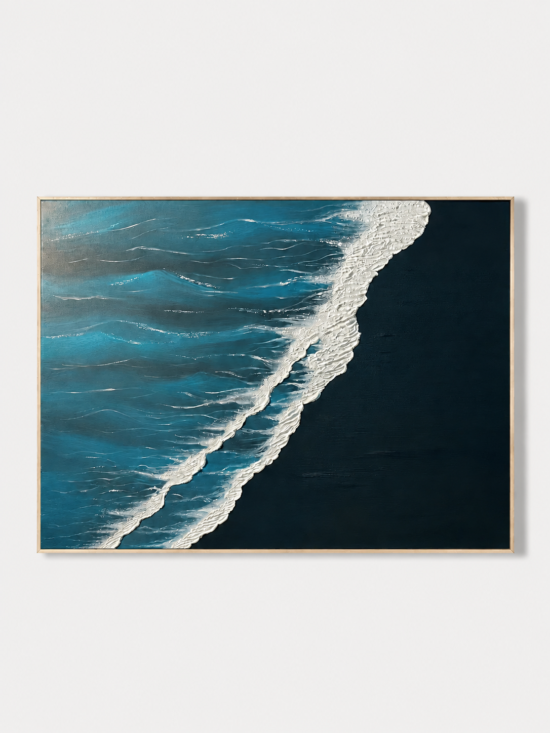 Hand-painted textured ocean wave wall art in teal, deep navy and white by Leo Liang on a white background