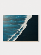 Hand-painted textured ocean wave wall art in teal, deep navy and white by Leo Liang on a white background