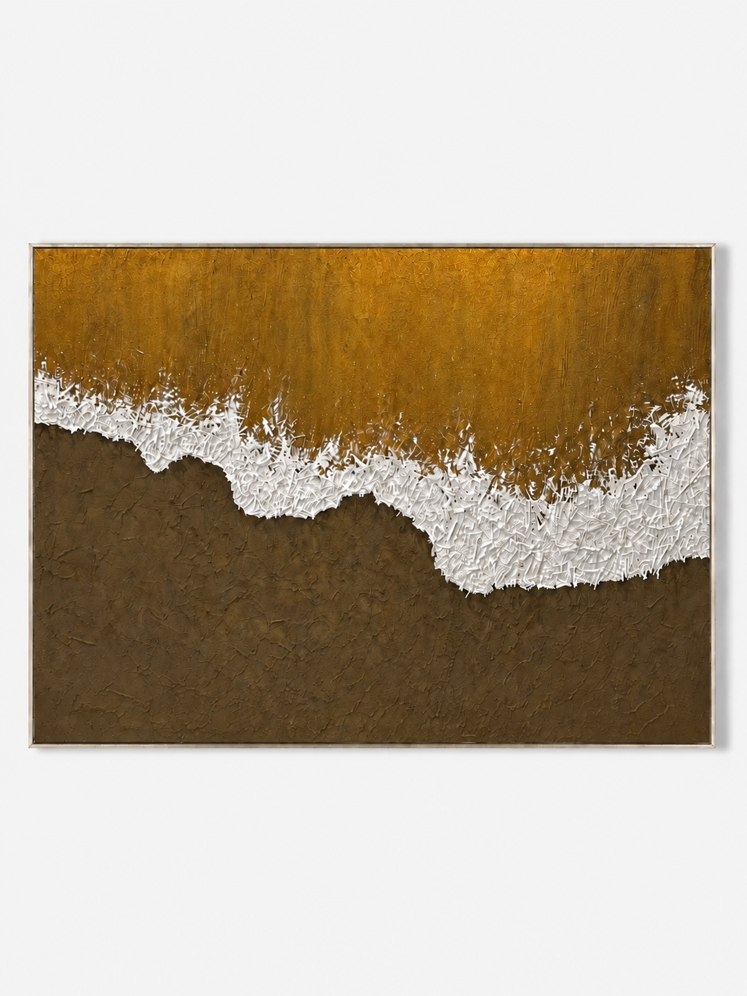 Hand-painted earth tone ocean wave wall art in ochre, brown and textured white by Leo Liang on a white background