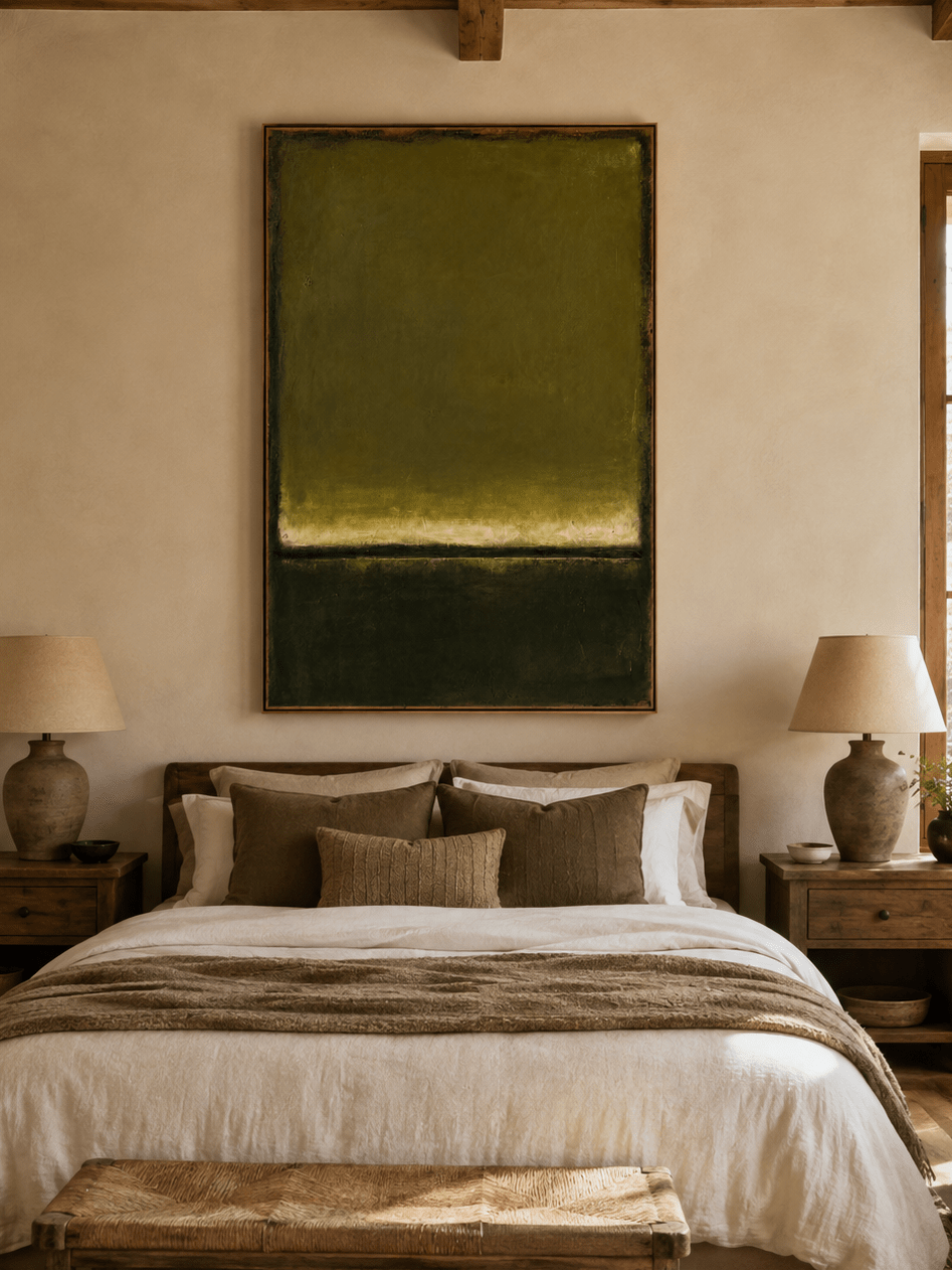 Moody green minimalist wall art displayed above the bed in a warm modern bedroom