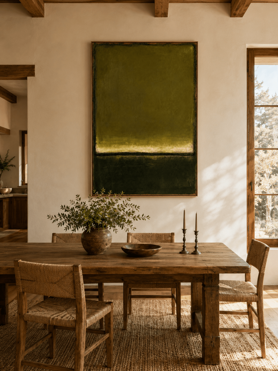 Hand-painted dark green abstract wall art displayed in a dining room with walnut furniture