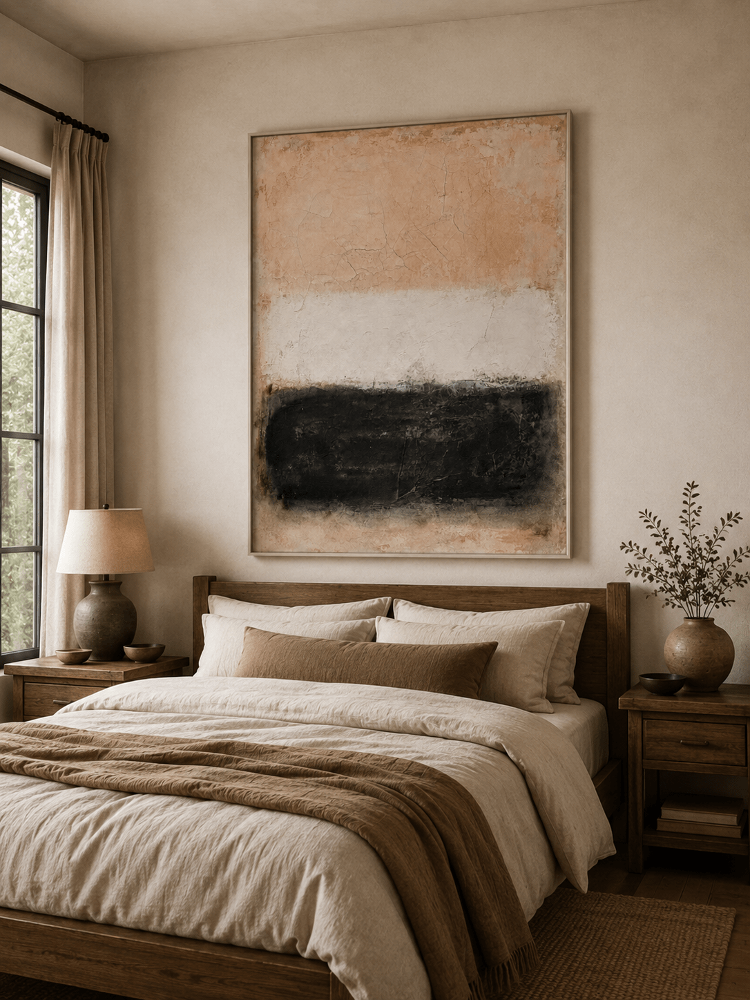 Neutral textured abstract wall art displayed above the bed in a minimalist beige bedroom