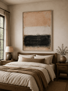 Neutral textured abstract wall art displayed above the bed in a minimalist beige bedroom