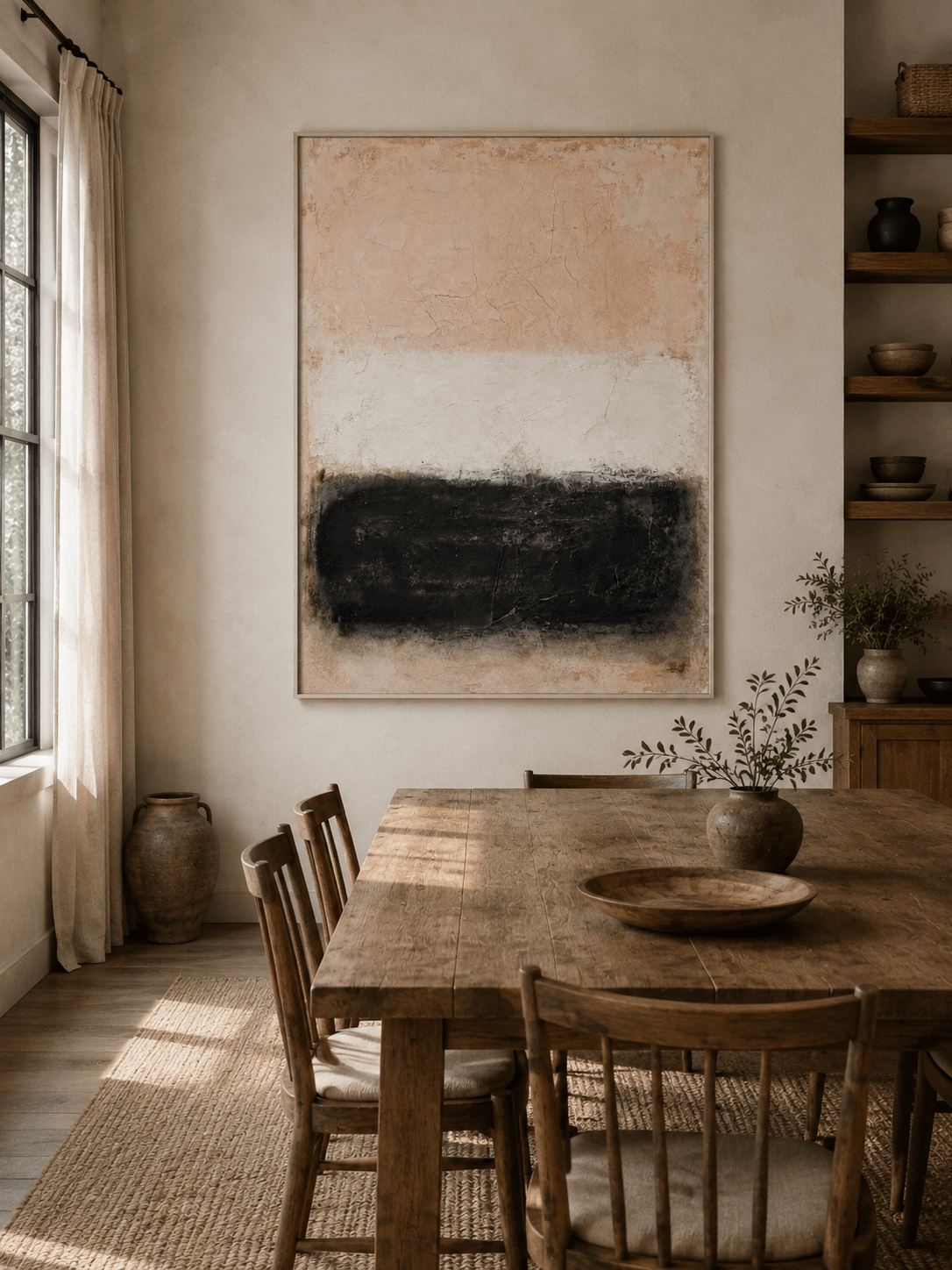 Hand-painted black and beige wall art displayed in a modern dining room with natural wood furniture