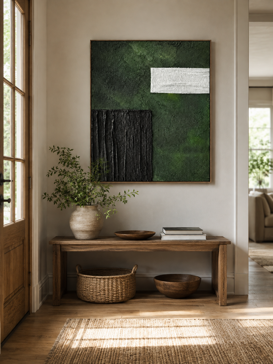 Vertical green and black abstract painting displayed above a wood console in an organic modern entryway