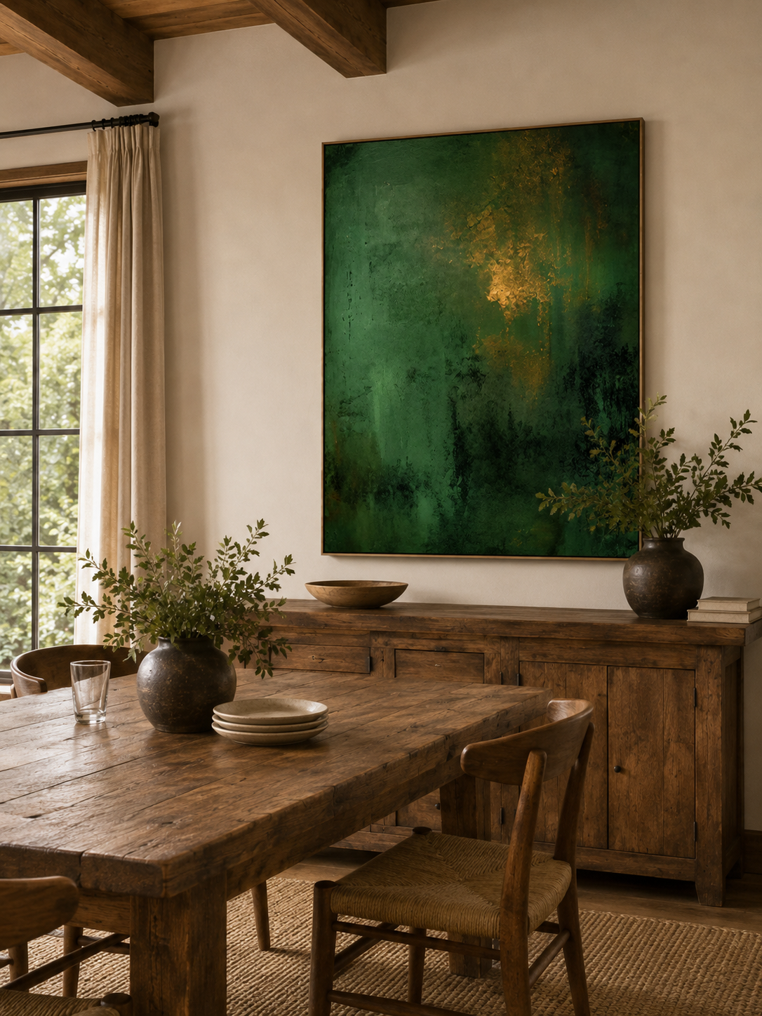 Hand-painted green abstract wall art displayed in a dining room with walnut furniture and neutral decor
