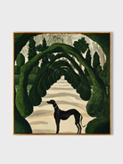 Hand-painted greyhound garden wall art with a black hound and deep green topiary arches by Maya Lin