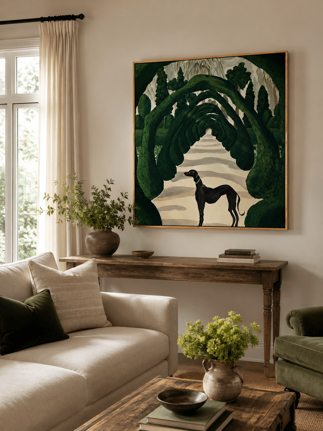 Whimsical greyhound garden painting displayed above neutral furniture in an elegant green living room