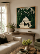 Whimsical greyhound garden painting displayed above neutral furniture in an elegant green living room