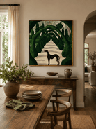 Hand-painted greyhound garden wall art displayed in a dining room with natural wood furniture