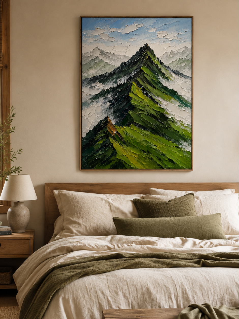 Textured green mountain landscape wall art displayed above the bed in a calm modern bedroom